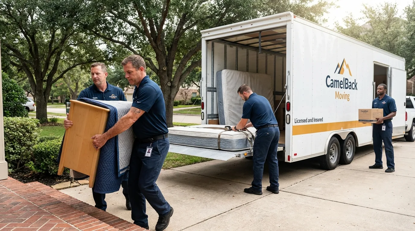 Crew loading residential truck for cross-state move from Baldwin Park, CA