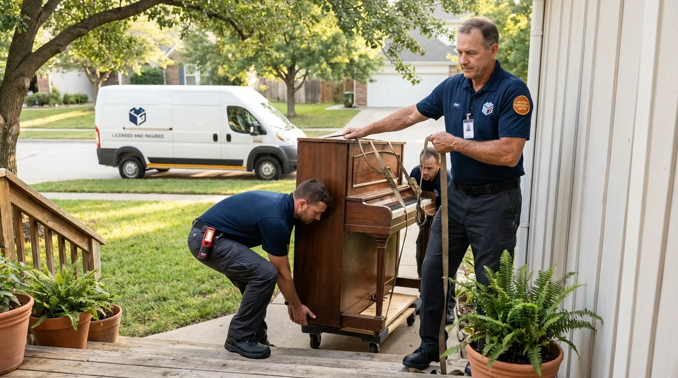 Licensed piano movers securing grand piano in Baldwin Park, CA