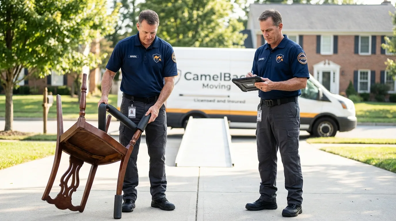 Movers inspecting furniture for damage prevention before loading in Baldwin Park, CA