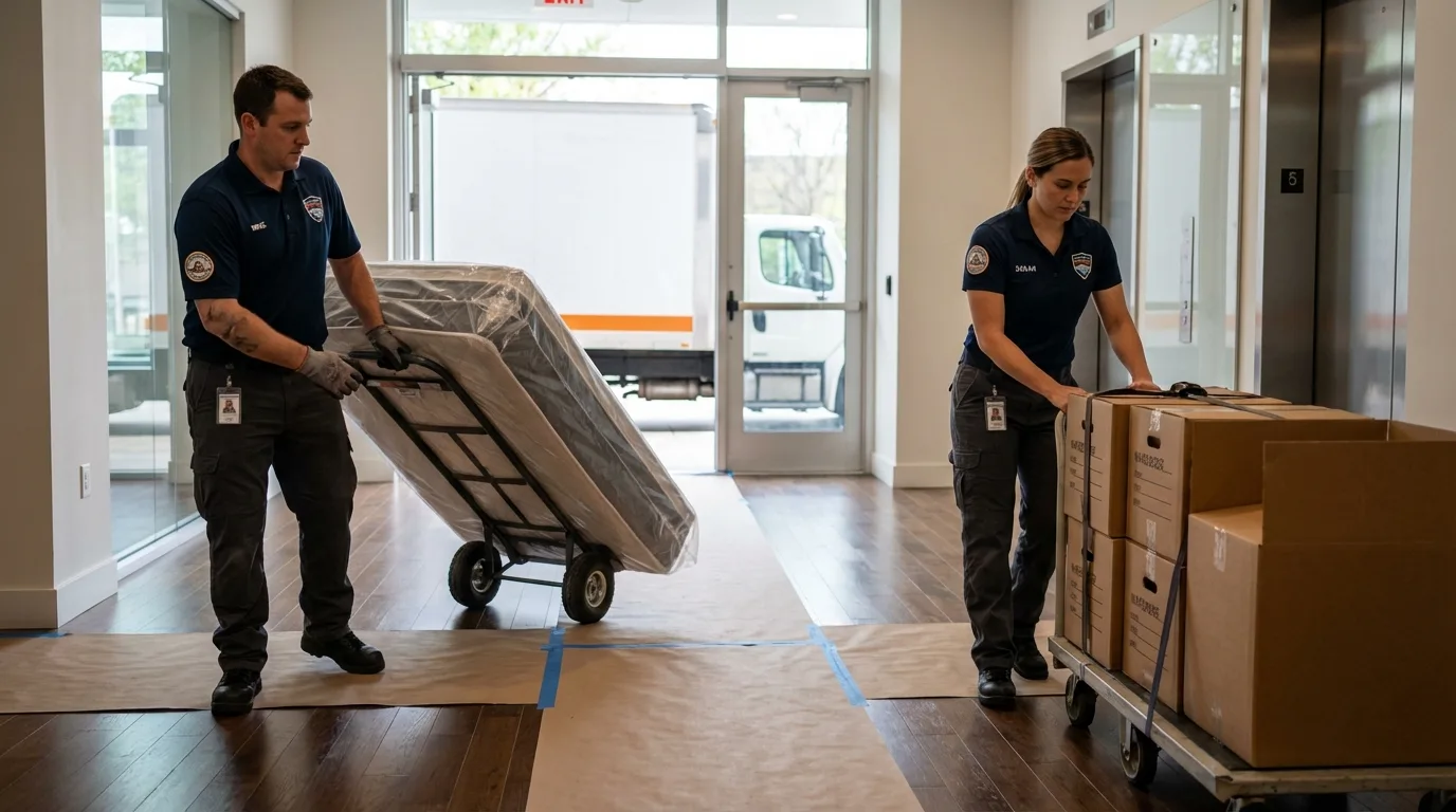 Professional apartment movers loading elevator in Baldwin Park, CA
